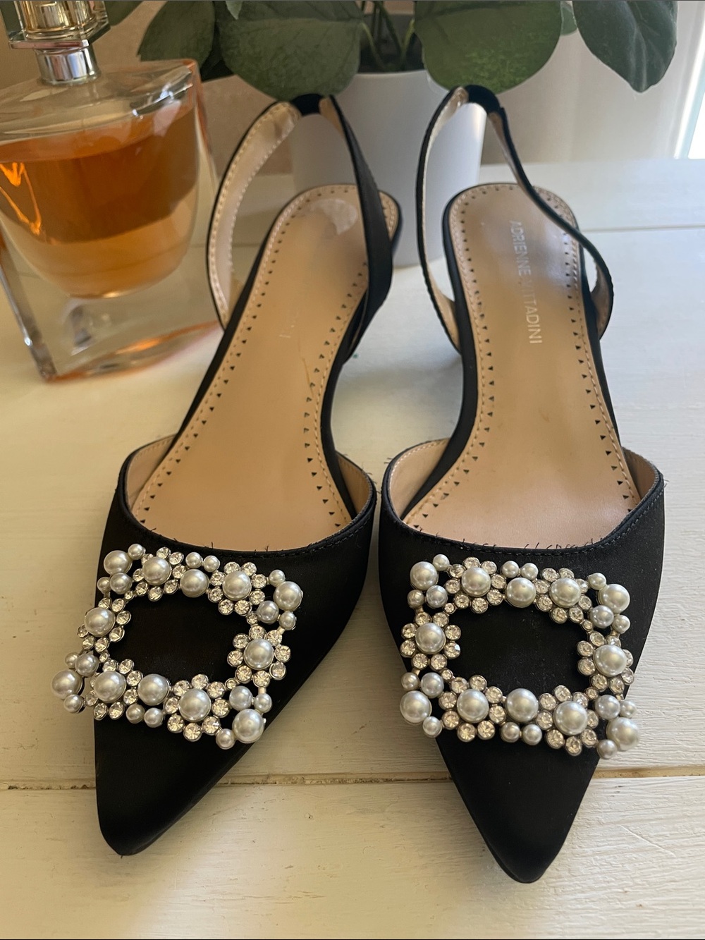 Adrienne Vitadini Black Pearl & Crystal Embellished Slingback Flats